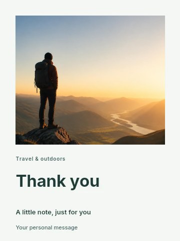Hiker overlooking sunset mountain river in Mountain hiking weekend greeting card template