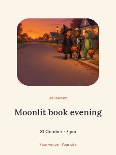 Moonlit book evening greeting card template · Picture window