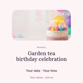 Garden tea birthday celebration social media post template · Picture window