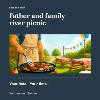 smiling man barbecuing in festive backyard in Father and family river picnic social media post · Title & photograph