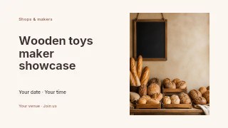 Rustic bakery display with assorted breads in Wooden toys maker showcase presentation cover · Horizontal photo dialogue