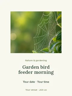 Dewy spider web on green leaves in Garden bird feeder morning poster · Picture window