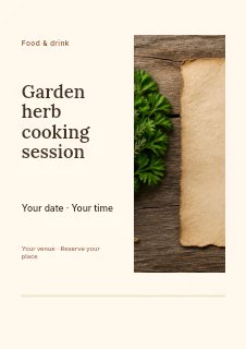 Fresh herb bundle next to blank paper in Garden herb cooking session flyer · Split portrait