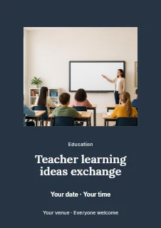Teacher instructing students at whiteboard in Teacher learning ideas exchange flyer · Picture window