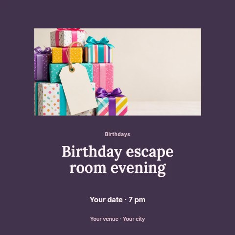 Birthday escape room evening social media post template