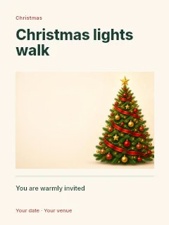 Decorated Christmas tree with red ribbon in Christmas lights walk · Title & photograph