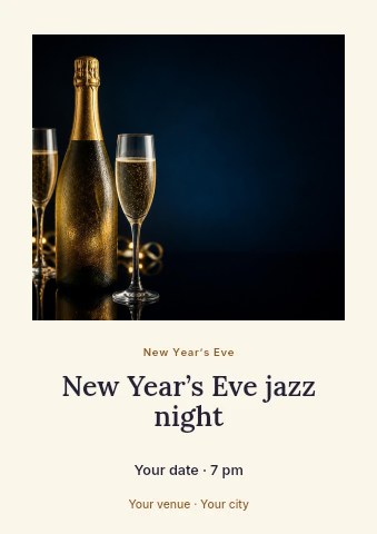 Chilled champagne bottle and two glasses in New Year’s Eve jazz night flyer template