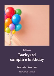 Backyard campfire birthday flyer template · Quiet photo gallery