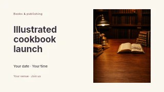Illustrated cookbook launch presentation cover template · Horizontal photo dialogue