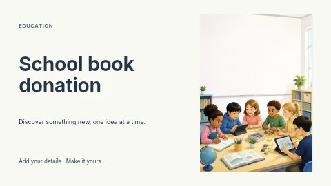 Children learning together with technology and books in School book donation presentation cover template