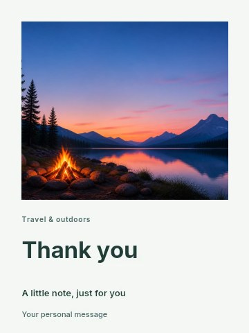 Campfire by Mountain Lake at Sunset in Mountain hiking weekend greeting card template