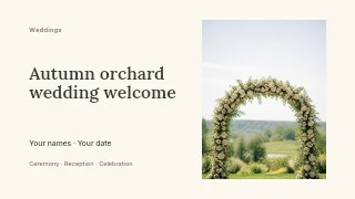 Autumn orchard wedding welcome presentation cover template · Horizontal photo dialogue