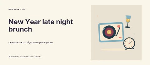Countdown music with turntable and champagne in New Year late night brunch event ticket template