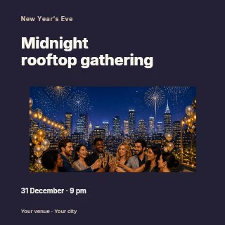 Diverse group toasting on rooftop at night in Midnight rooftop gathering · Modern programme