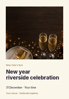 Elegant New Year’s Eve Celebration Table Setting in New Year riverside celebration flyer · Gallery editorial