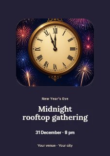 Vintage clock showing midnight with fireworks in Midnight rooftop gathering · Picture window