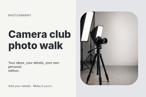 Professional DSLR camera with studio lighting setup in Camera club photo walk postcard template