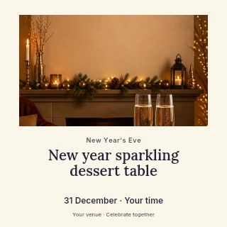 Cozy fireplace with champagne glasses in New Year sparkling dessert table social media post · Quiet photo gallery