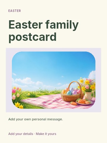 Easter picnic with decorated eggs and flowers in Easter family postcard greeting card template