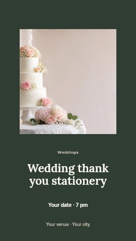 Elegant white three-tier wedding cake in Wedding thank you stationery instagram story template