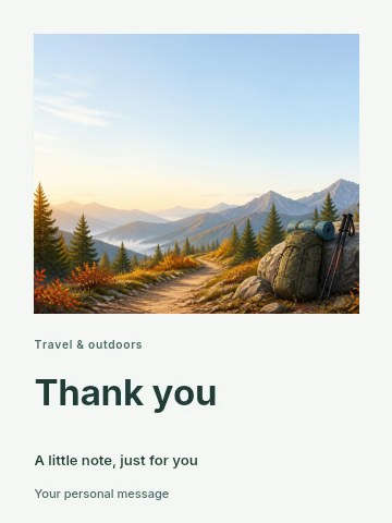 Mountain hiking trail with backpack rest spot in Mountain hiking weekend greeting card template