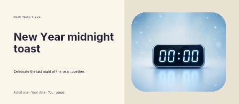 Digital clock showing midnight with sparkling stars in New Year midnight toast event ticket template