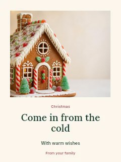 Decorated gingerbread house with candies in Christmas open house photo layout · Quiet photo gallery