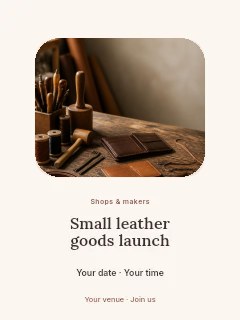 Leather crafting tools and wallets on wooden table in Small leather goods launch poster · Picture window