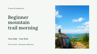 Beginner mountain trail morning presentation cover template · Horizontal photo dialogue
