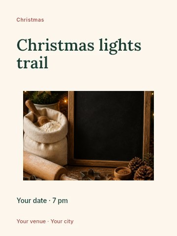 Christmas baking setup with chalkboard in Christmas lights trail invitation template