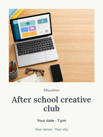 Home workspace with laptop and study materials in After school creative club poster template