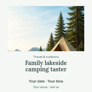 Camping tent with backpack in forest in Family lakeside camping taster social media post · Quiet photo gallery