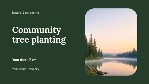 Serene forest lake at dawn in Community tree planting banner template