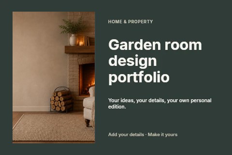 Cozy armchair by warm fireplace in Garden room design portfolio postcard template