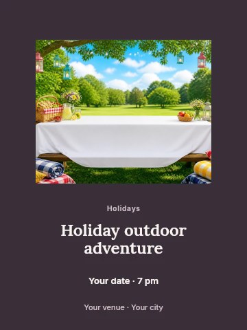 Outdoor picnic table setup with decorations in Holiday outdoor adventure poster template