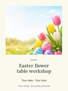 Colorful decorated Easter eggs with tulips in Easter flower table workshop poster · Quiet photo gallery
