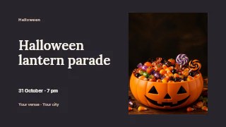 Jack-o-lantern bowl filled with Halloween candy in Halloween lantern parade · Horizontal photo dialogue