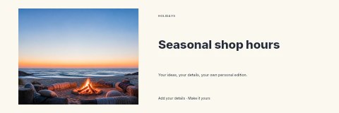 Cozy beach campfire at sunset in Seasonal shop hours banner template