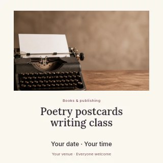Vintage typewriter with blank paper in Poetry postcards writing class social media post · Quiet photo gallery
