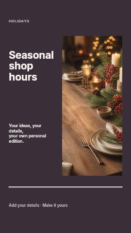 rustic holiday table setting with candles in Seasonal shop hours instagram story template