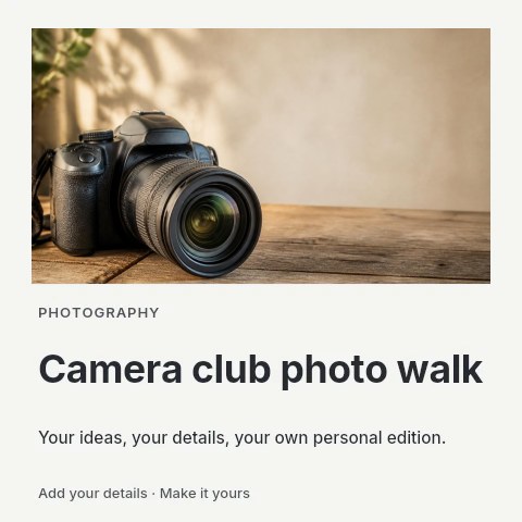 dslr camera on wooden table in Camera club photo walk social media post template