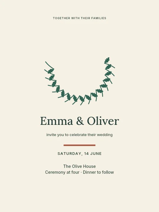 Birch wreath · crescent with 16 leaves in Olive garden · Wedding invitation