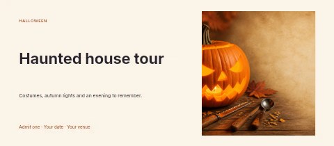 Glowing carved jack-o’-lantern with autumn tools in Haunted house tour event ticket template