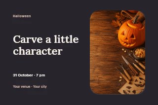 Jack-o’-lantern pumpkin carving setup in Pumpkin carving workshop photo layout · Horizontal photo dialogue