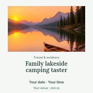 Sunset over peaceful mountain lake with canoe in Family lakeside camping taster social media post · Quiet photo gallery