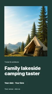Camping tent with backpack in forest in Family lakeside camping taster instagram story · Gallery editorial