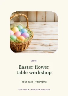basket of colorful pastel Easter eggs in Easter flower table workshop flyer · Picture window