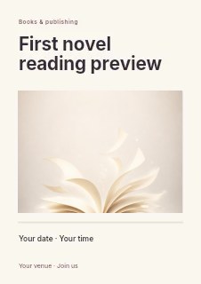 Open book with flying pages on light background in First novel reading preview flyer · Title & photograph