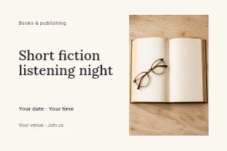 Short fiction listening night postcard template · Horizontal photo dialogue
