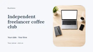 Laptop workspace with coffee and notebook in Independent freelancer coffee club presentation cover · Horizontal photo dialogue